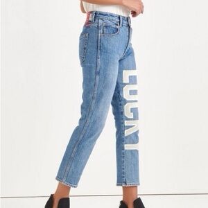 Lucky Brand Women 25 Logo Button Fly High Rise Totally Lucky Pins Taper Jeans